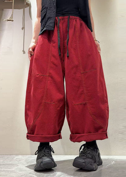 Fashion Purple Elastic Waist Patchwork Denim Crop Pants Fall