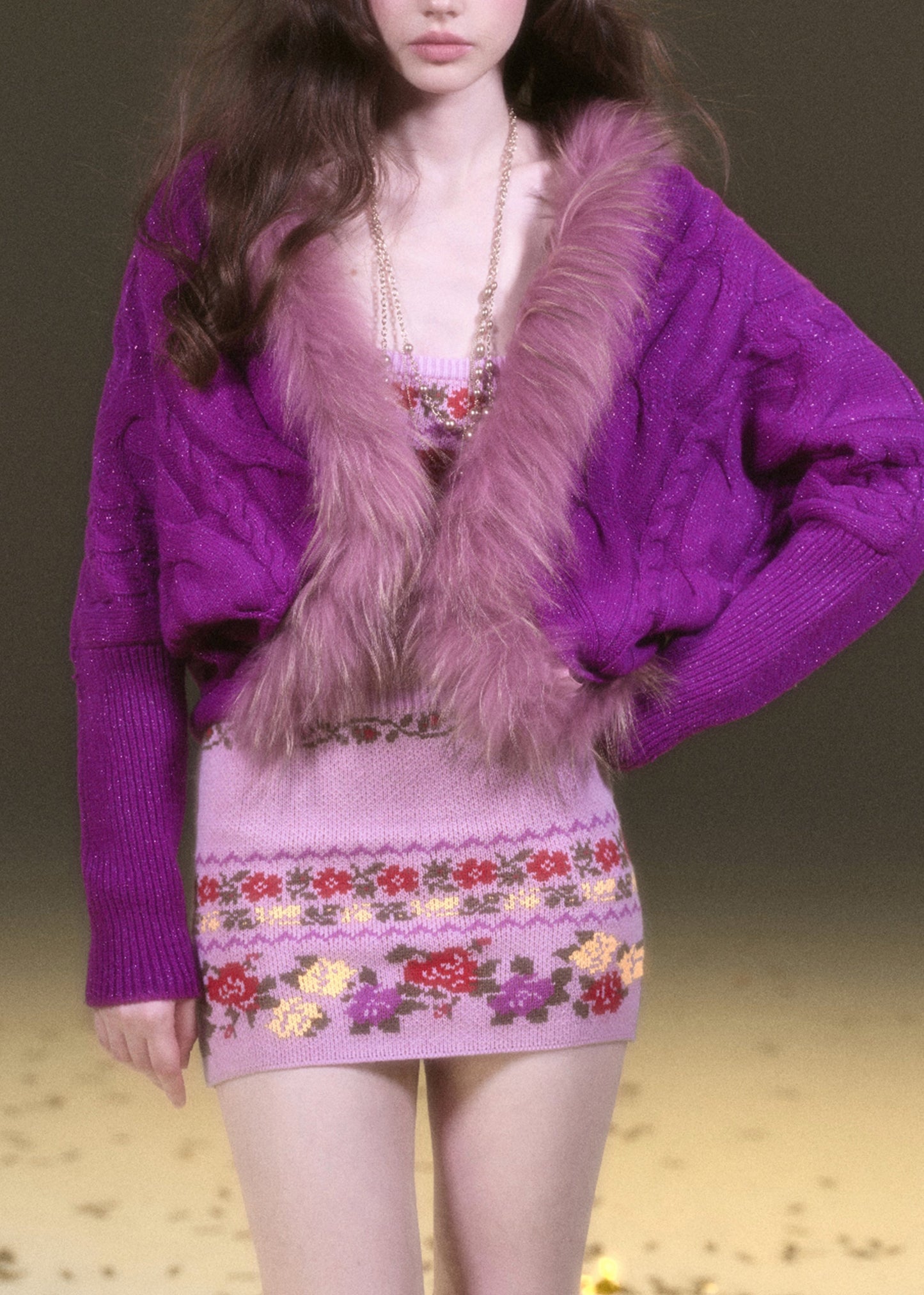 Fashion Purple Fur Collar Patchwork Cotton Knit Cardigans Lantern Sleeve