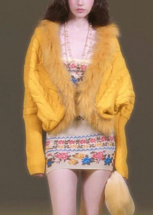 Fashion Purple Fur Collar Patchwork Cotton Knit Cardigans Lantern Sleeve