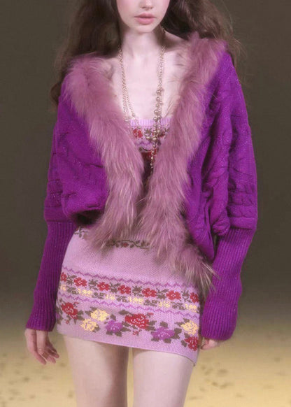 Fashion Purple Fur Collar Patchwork Cotton Knit Cardigans Lantern Sleeve