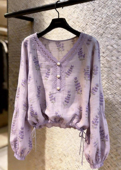 Fashion Purple Hollow Out Print Button Shirts Fall
