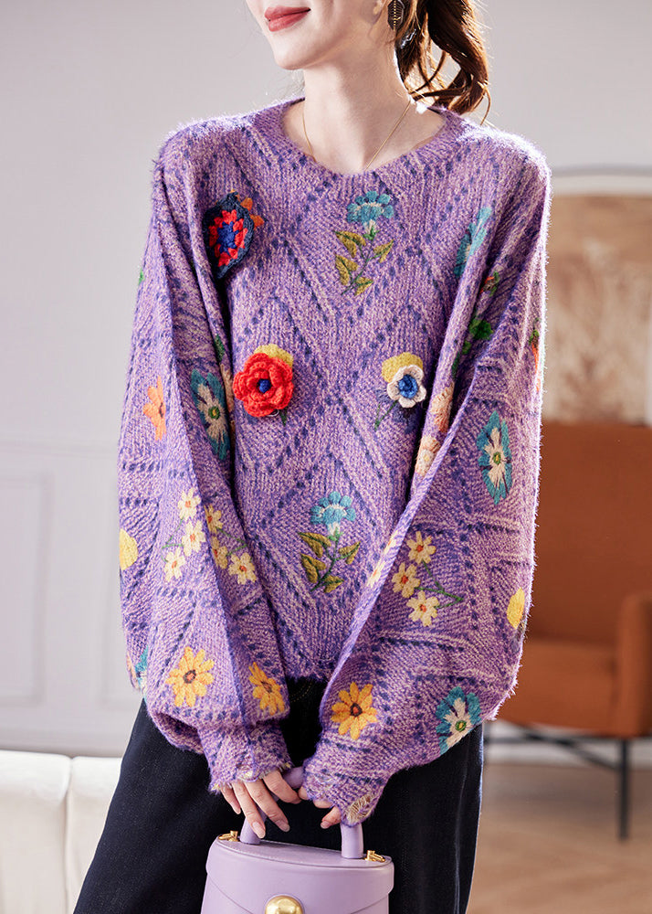 Fashion Purple Oversized Floral Knit Sweaters Fall