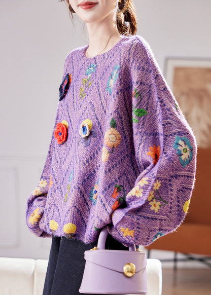 Fashion Purple Oversized Floral Knit Sweaters Fall