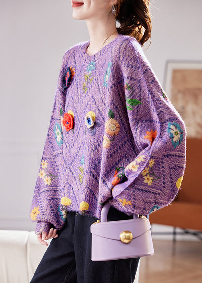 Fashion Purple Oversized Floral Knit Sweaters Fall