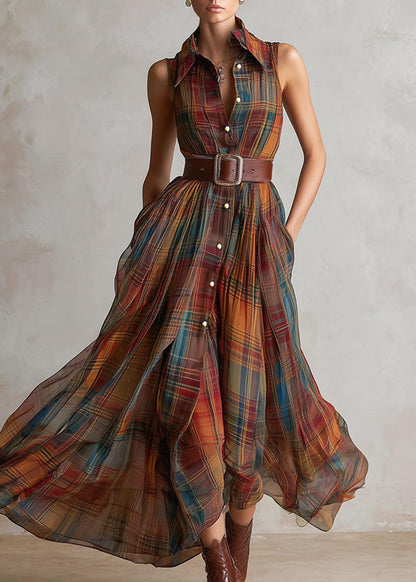 Fashion Purple Plaid Peter Pan Collar Sashes Long Dress Sleeveless