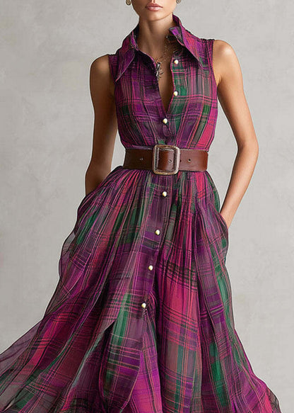 Fashion Purple Plaid Peter Pan Collar Sashes Long Dress Sleeveless