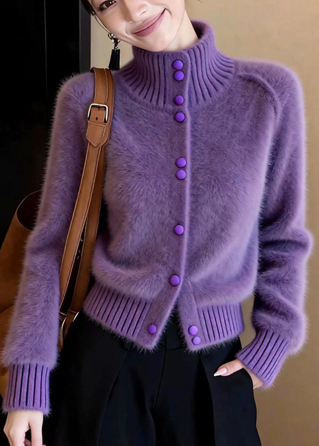Fashion Purple Stand Collar Button Cotton Knit Cardigan Fall