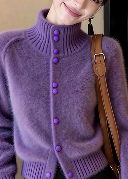 Fashion Purple Stand Collar Button Cotton Knit Cardigan Fall