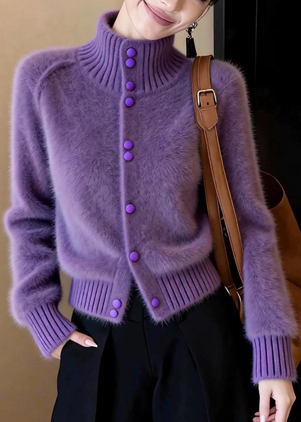 Fashion Purple Stand Collar Button Cotton Knit Cardigan Fall