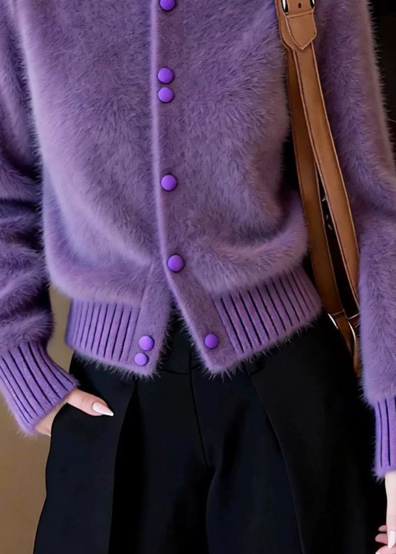 Fashion Purple Stand Collar Button Cotton Knit Cardigan Fall