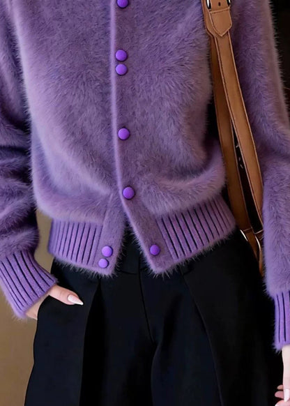 Fashion Purple Stand Collar Button Cotton Knit Cardigan Fall