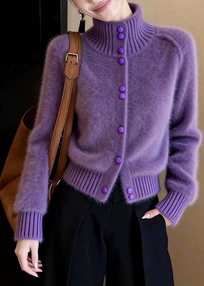 Fashion Purple Stand Collar Button Cotton Knit Cardigan Fall