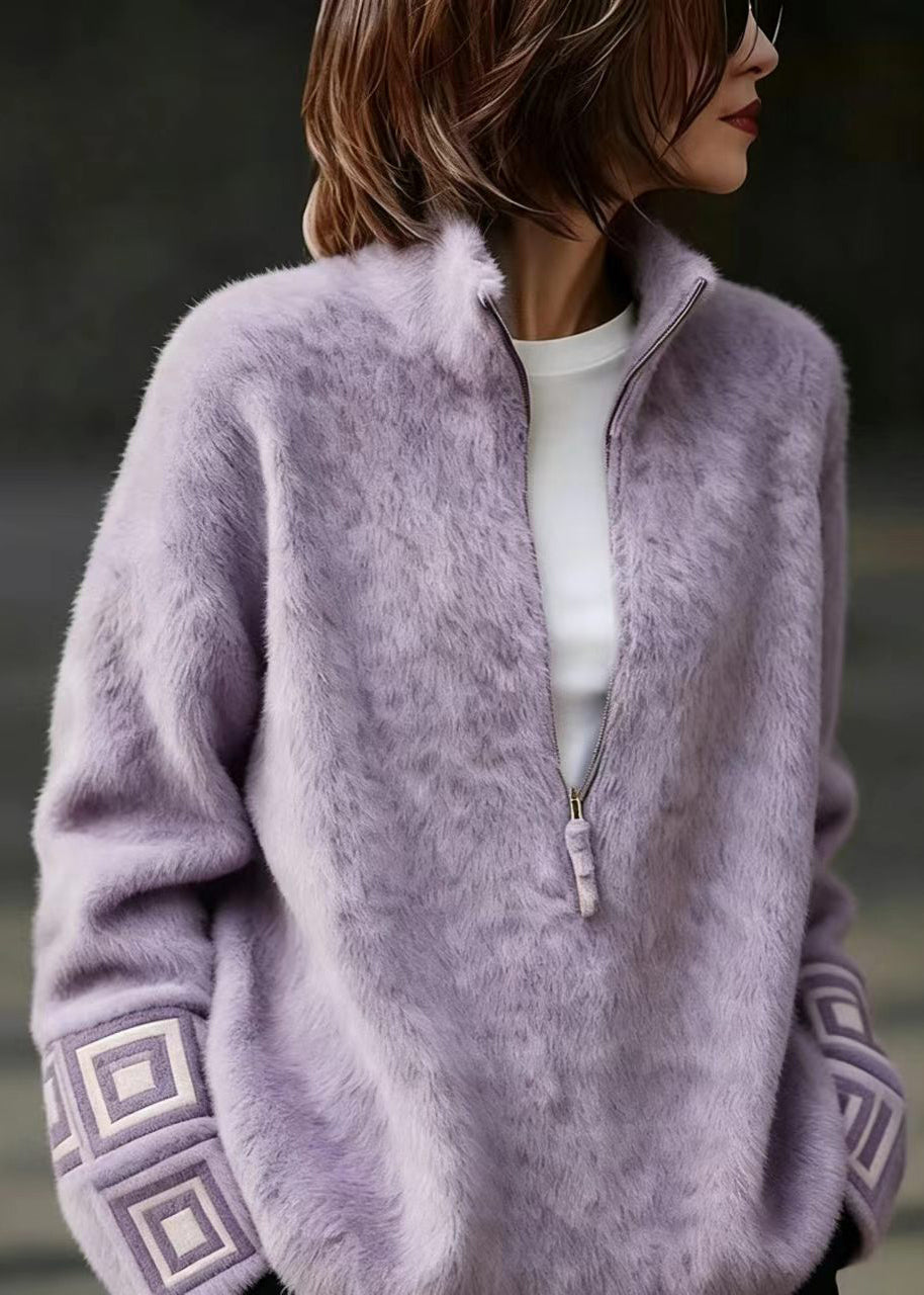 Fashion Purple Stand Collar Zippered Mink Hair Knitted Sweater Fall
