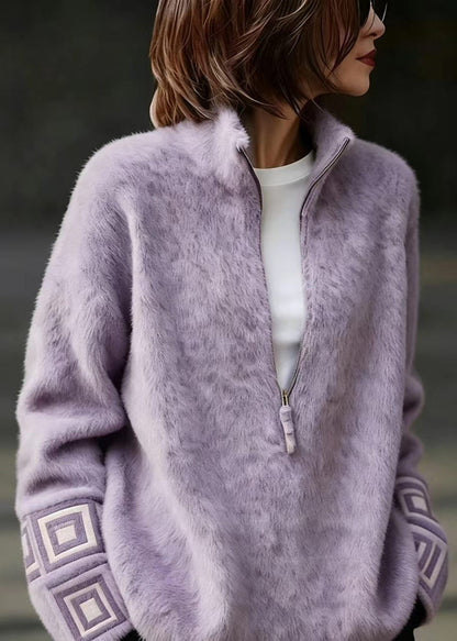 Fashion Purple Stand Collar Zippered Mink Hair Knitted Sweater Fall