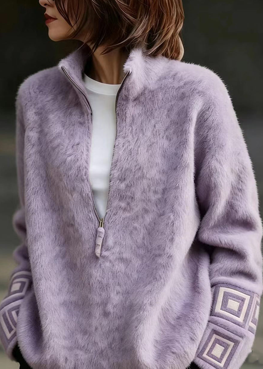 Fashion Purple Stand Collar Zippered Mink Hair Knitted Sweater Fall