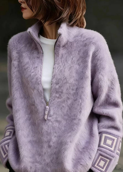 Fashion Purple Stand Collar Zippered Mink Hair Knitted Sweater Fall