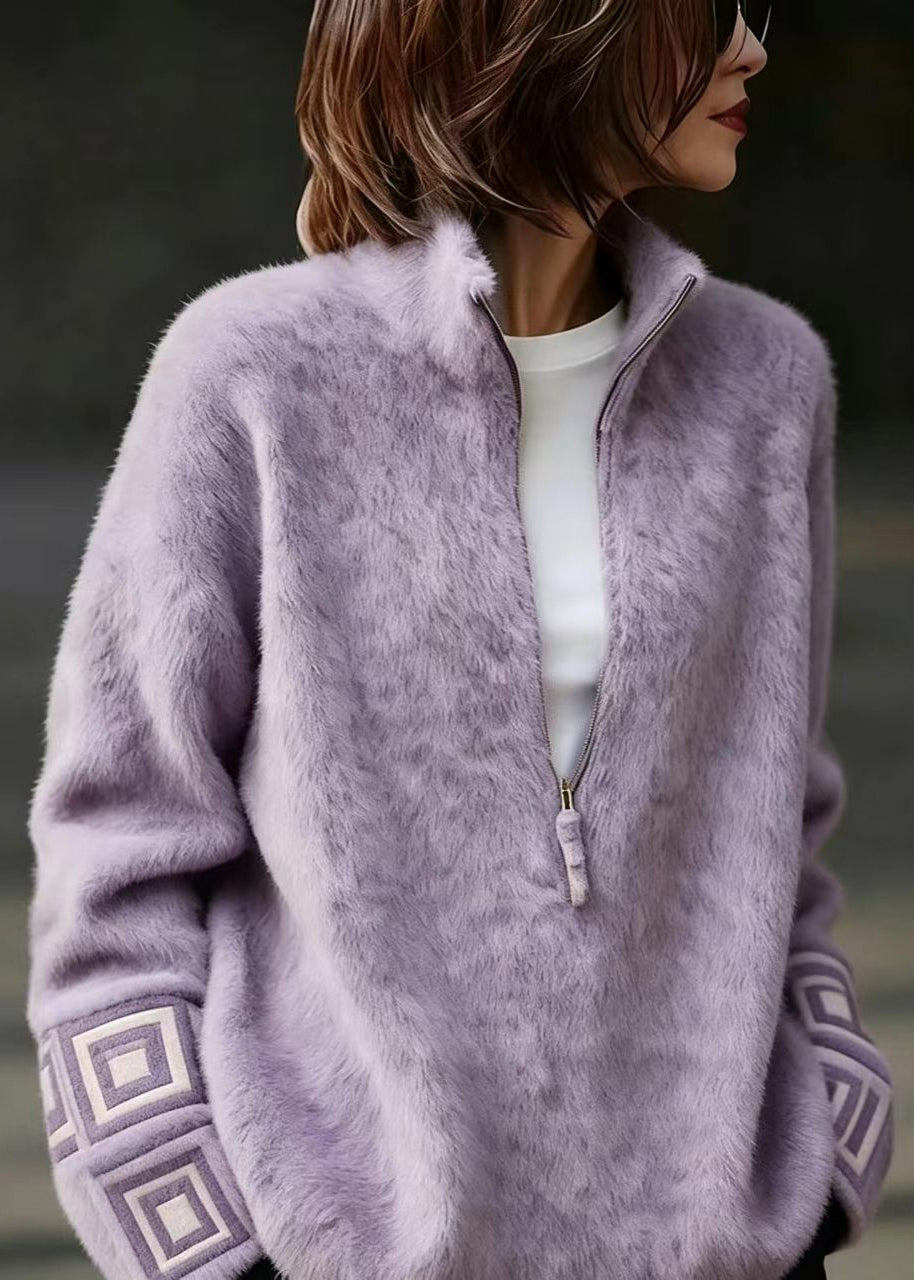 Fashion Purple Stand Collar Zippered Mink Hair Knitted Sweater Fall