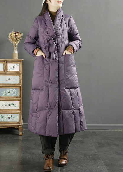 Fashion Purple Stand CollarEmbroidered Tassel Pockets Duck Down Down Coat Long Sleeve