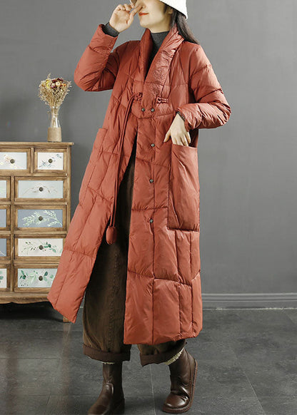 Fashion Purple Stand CollarEmbroidered Tassel Pockets Duck Down Down Coat Long Sleeve