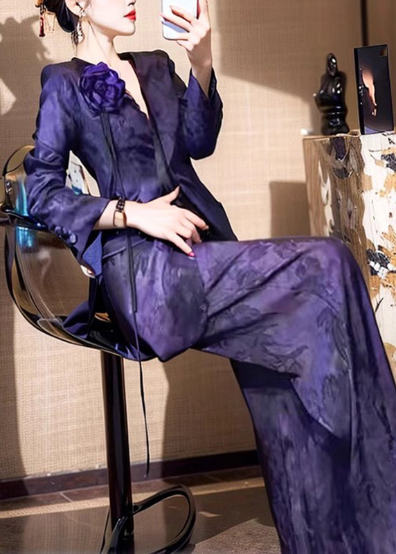 Fashion Purple V Neck Floral Blazer And Straight Pants Two Piece Set Fall