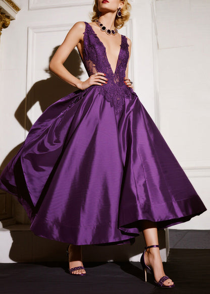 Fashion Purple V Neck Lace Patchwork Silk Dresses Summer