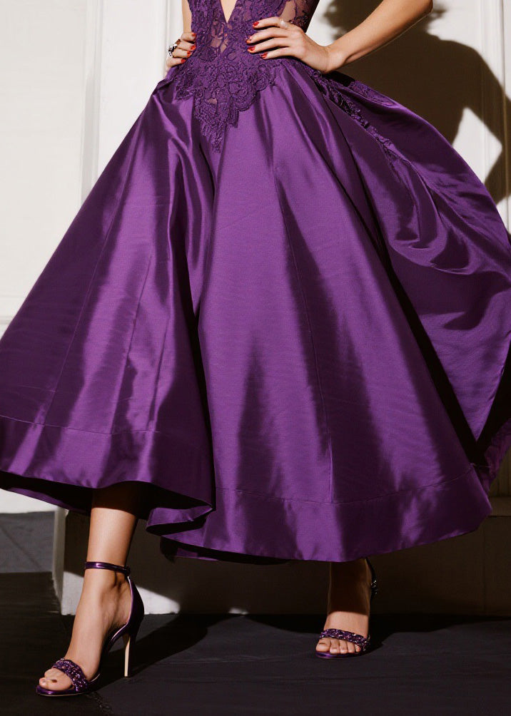 Fashion Purple V Neck Lace Patchwork Silk Dresses Summer
