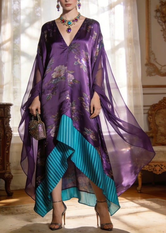 Fashion Purple V Neck Print Asymmetrical Patchwork Silk Mini Dresses Summer