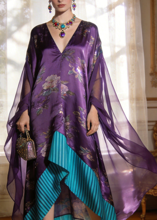 Fashion Purple V Neck Print Asymmetrical Patchwork Silk Mini Dresses Summer