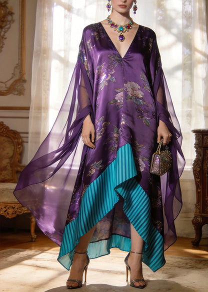 Fashion Purple V Neck Print Asymmetrical Patchwork Silk Mini Dresses Summer