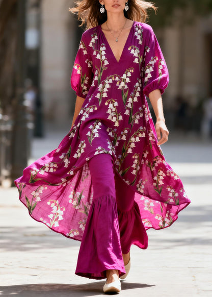 Fashion Purple V Neck Print Tops And Pants Cotton Two Piece Set Summer