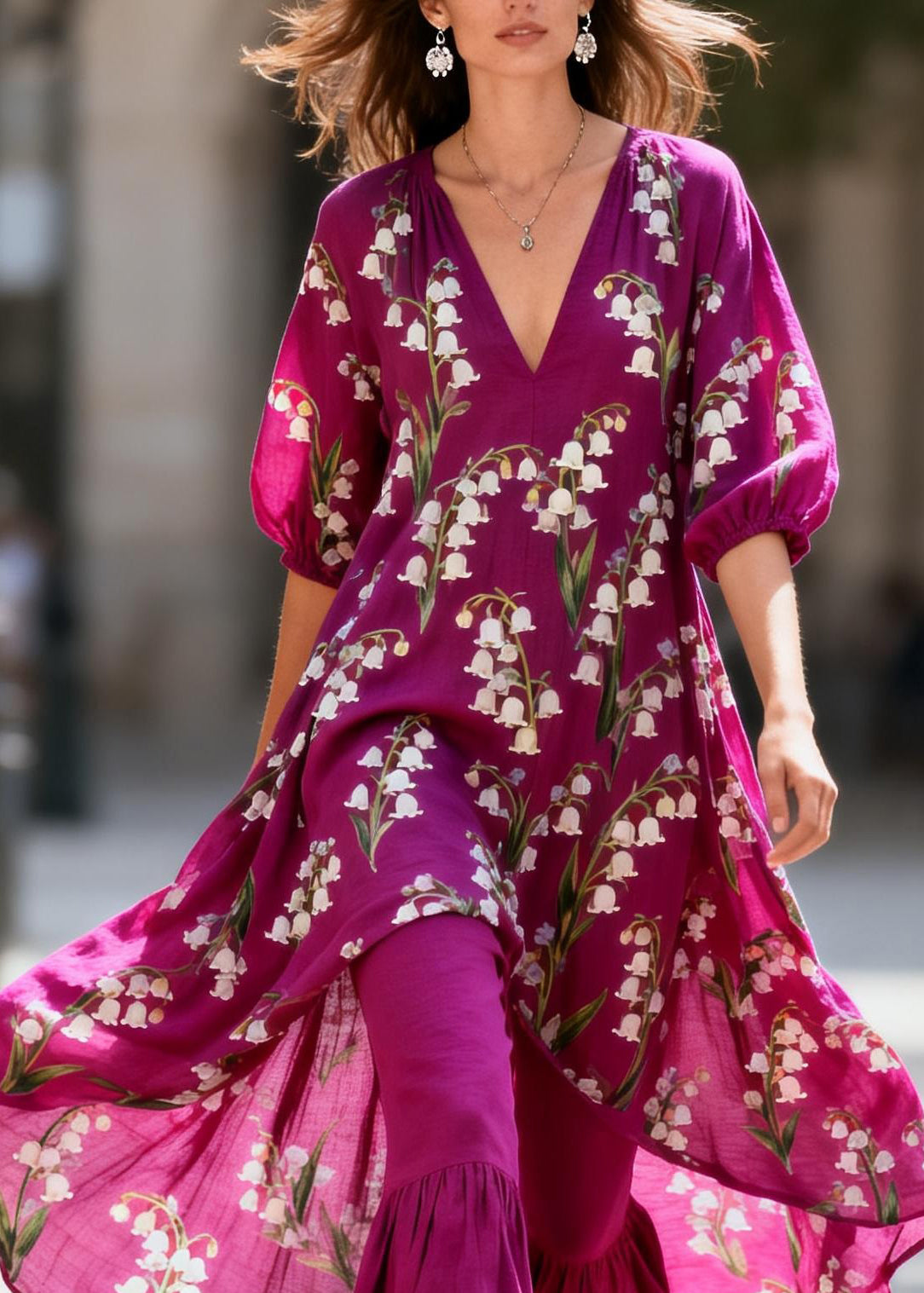 Fashion Purple V Neck Print Tops And Pants Cotton Two Piece Set Summer