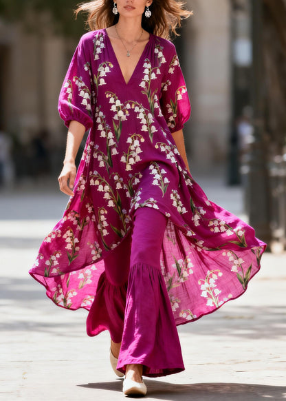 Fashion Purple V Neck Print Tops And Pants Cotton Two Piece Set Summer