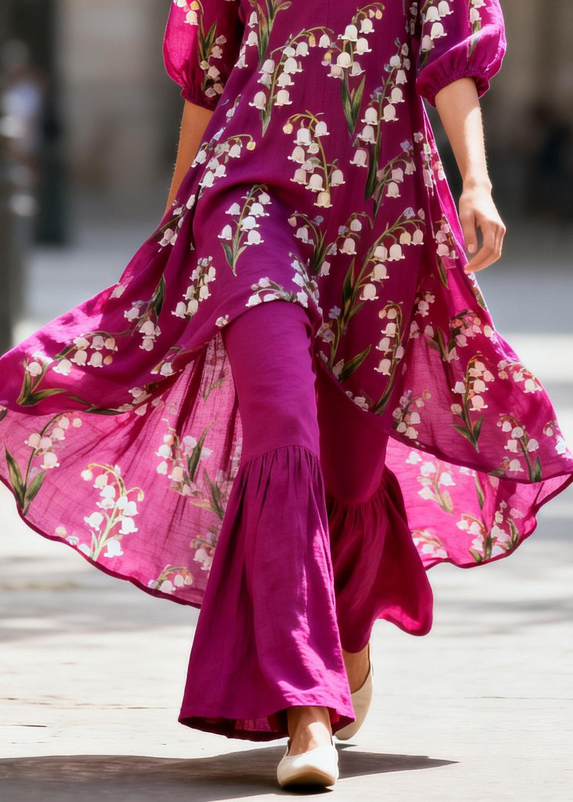 Fashion Purple V Neck Print Tops And Pants Cotton Two Piece Set Summer