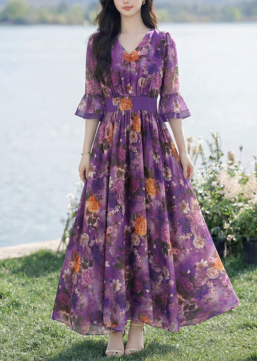 Fashion Purple V Neck Print Wrinkled Chiffon Dress Summer