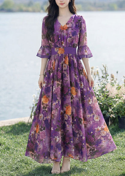 Fashion Purple V Neck Print Wrinkled Chiffon Dress Summer