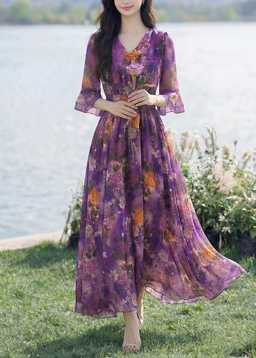 Fashion Purple V Neck Print Wrinkled Chiffon Dress Summer