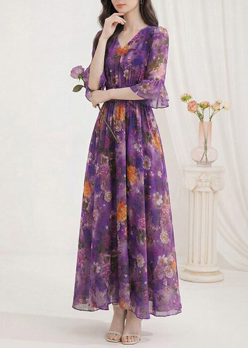Fashion Purple V Neck Print Wrinkled Chiffon Dress Summer