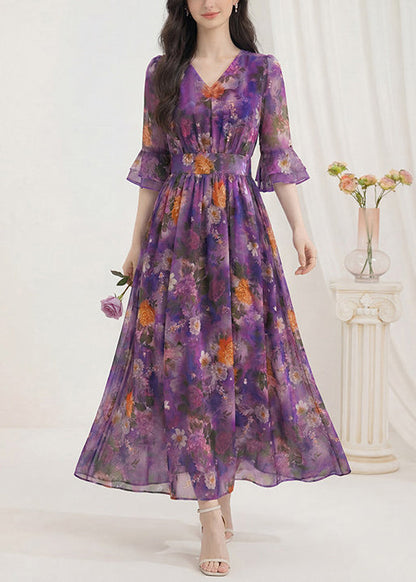 Fashion Purple V Neck Print Wrinkled Chiffon Dress Summer