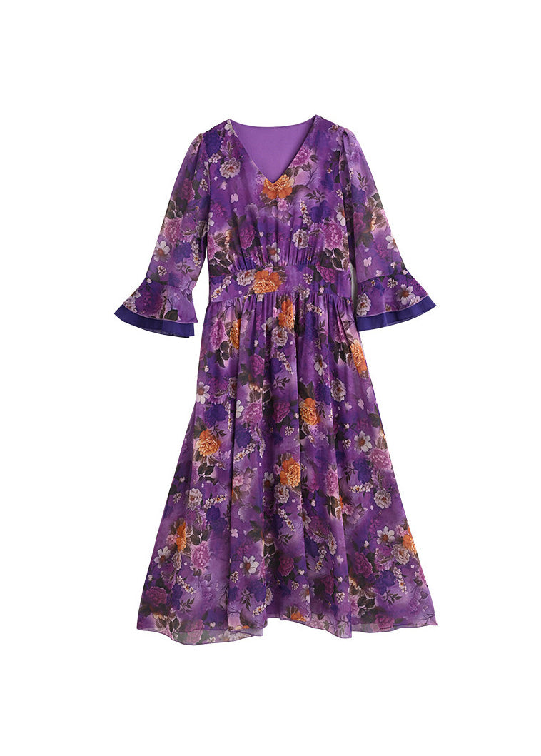 Fashion Purple V Neck Print Wrinkled Chiffon Dress Summer