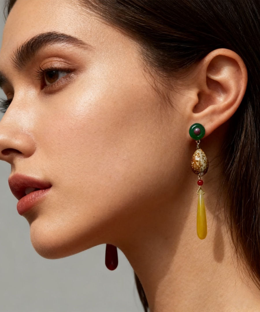 Fashion Rainbow Alloy Chalcedony Agate Shell Conch Drop Earrings