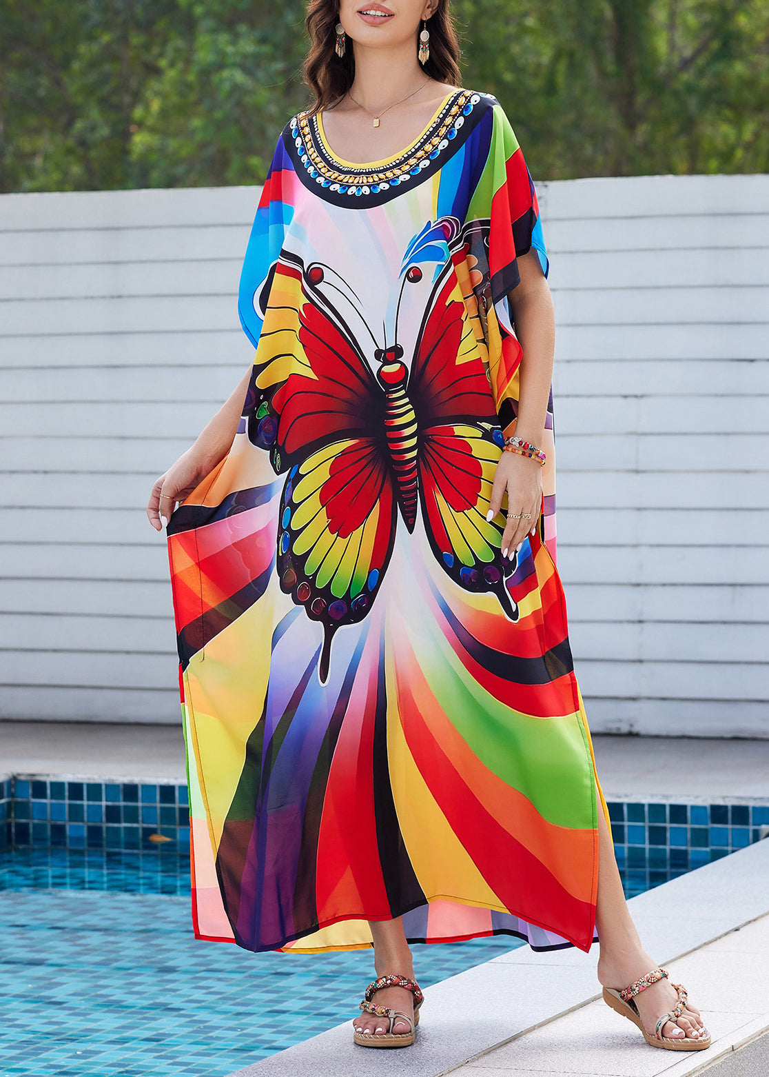 Fashion Rainbow Butterfly Print Side Open Maxi Dress Summer