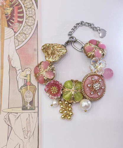 Fashion Rainbow Stainless Steel Floral Pearl Tassel Charm Bracelet