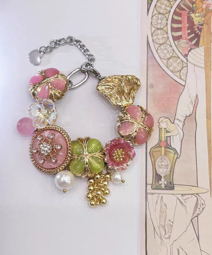 Fashion Rainbow Stainless Steel Floral Pearl Tassel Charm Bracelet