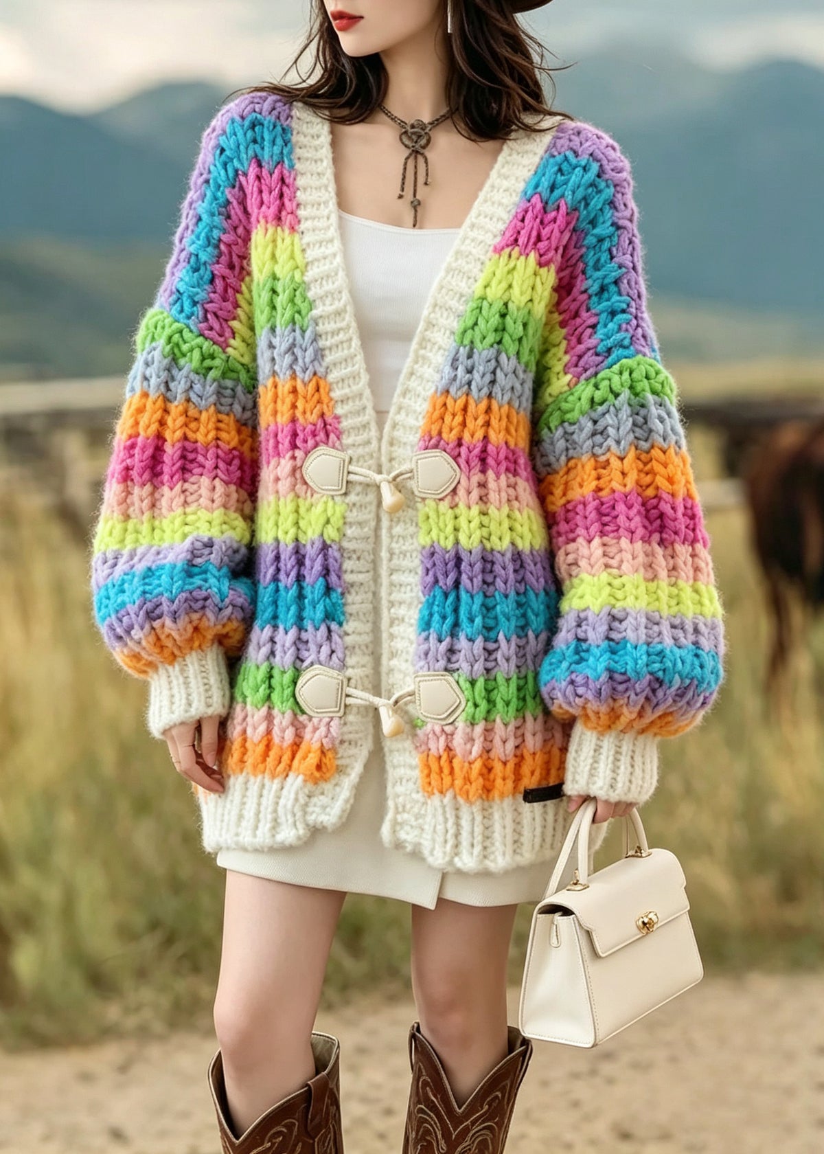 Fashion Rainbow V Neck Button Patchwork Knit Cardigan Fall