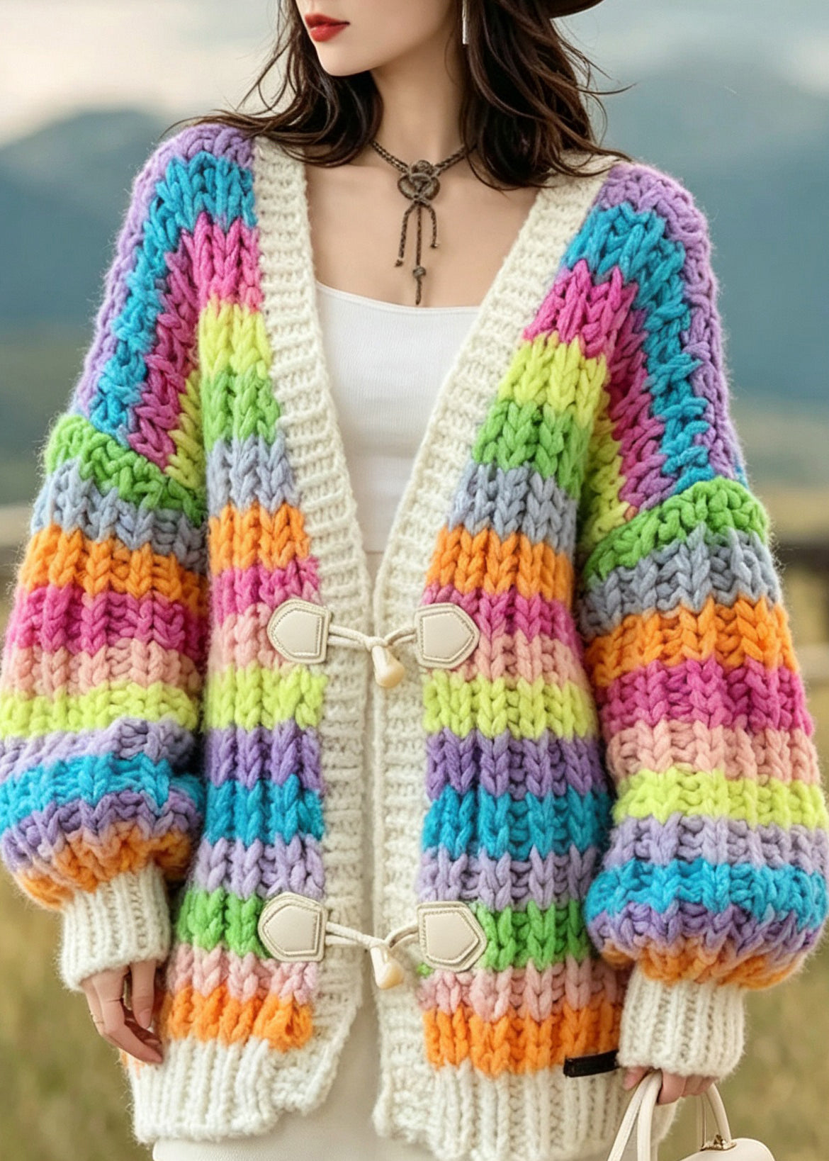 Fashion Rainbow V Neck Button Patchwork Knit Cardigan Fall