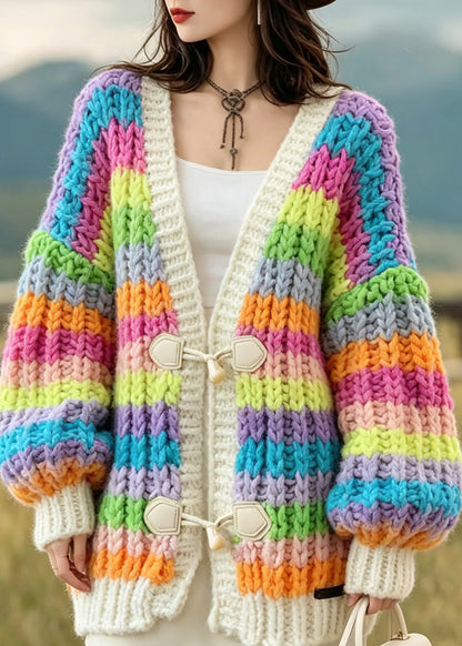 Fashion Rainbow V Neck Button Patchwork Knit Cardigan Fall