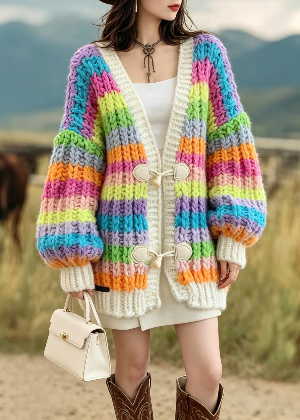 Fashion Rainbow V Neck Button Patchwork Knit Cardigan Fall
