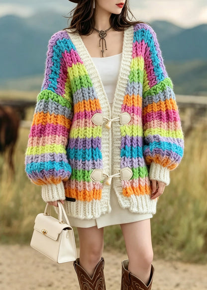 Fashion Rainbow V Neck Button Patchwork Knit Cardigan Fall