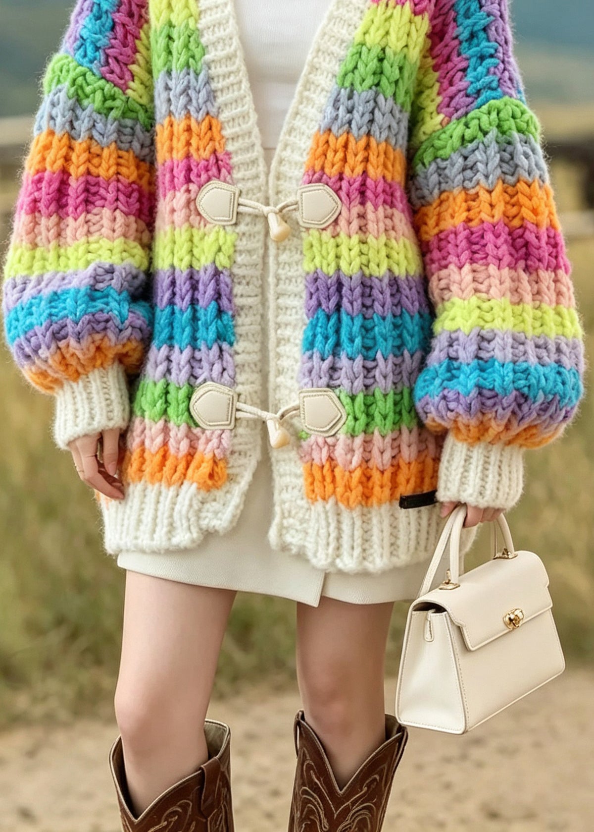 Fashion Rainbow V Neck Button Patchwork Knit Cardigan Fall