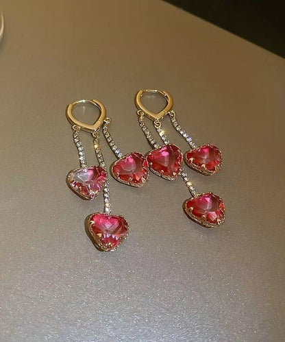 Fashion Red Alloy Love Crystal Tassel Drop Earrings